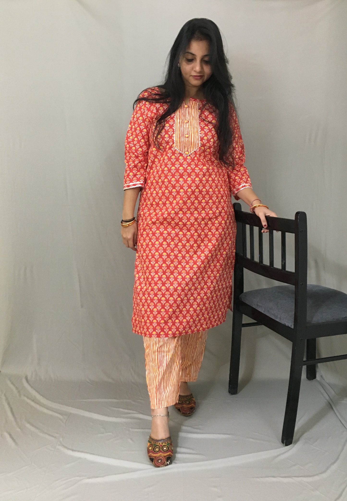 Red Flower Print Kurti Set