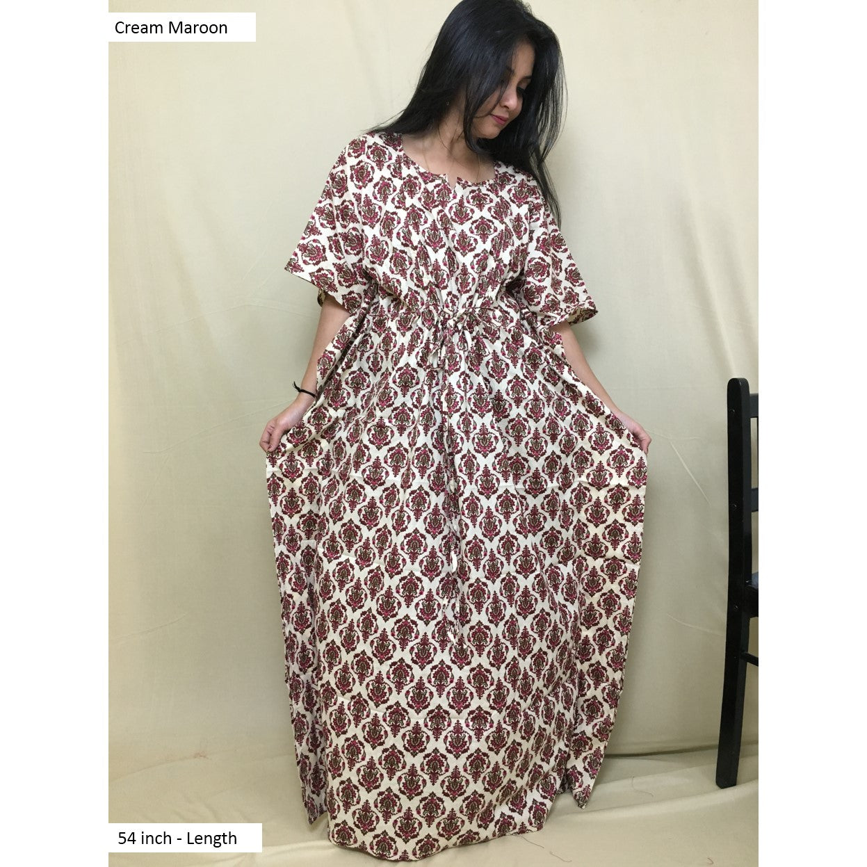 Kaftan - Flower Cream Maroon Colour - Maternity / Feeding Zips -  Soft Cotton - Free Size