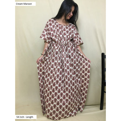 Kaftan - Flower Cream Maroon Colour - Maternity / Feeding Zips -  Soft Cotton - Free Size