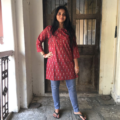 Maroon Ikkat Short  Kurti  - Pure Cotton