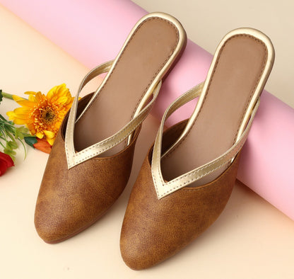 Women Leather Brown & Gold Ethnic Floral Canvas Flats Mules