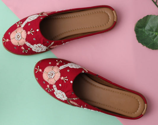 Women Red Ethnic Floral Embroidered Canvas Flats Mules