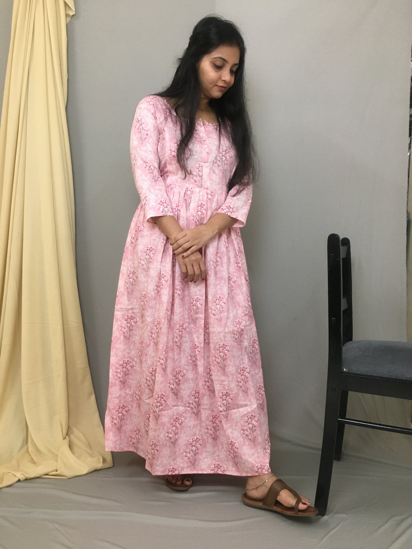 Baby Pink Flower - Maternity Kurti with Feeding Zips