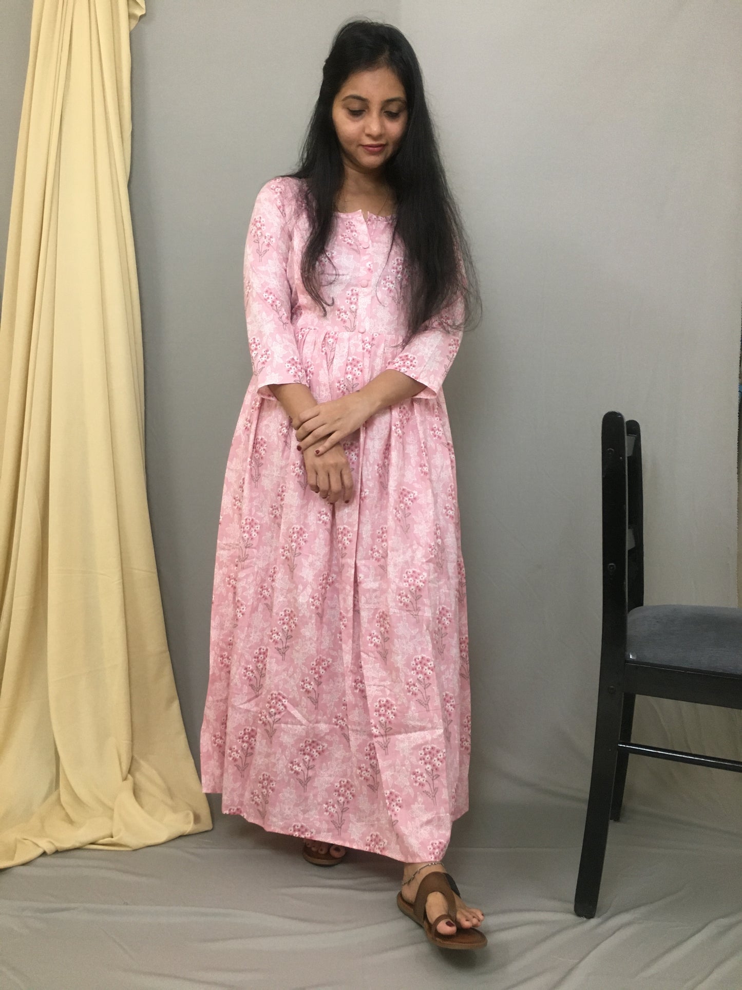 Baby Pink Flower - Maternity Kurti with Feeding Zips