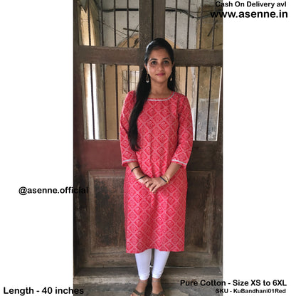 Pure Cotton - Bandhani Print Kurti  - Red Colour